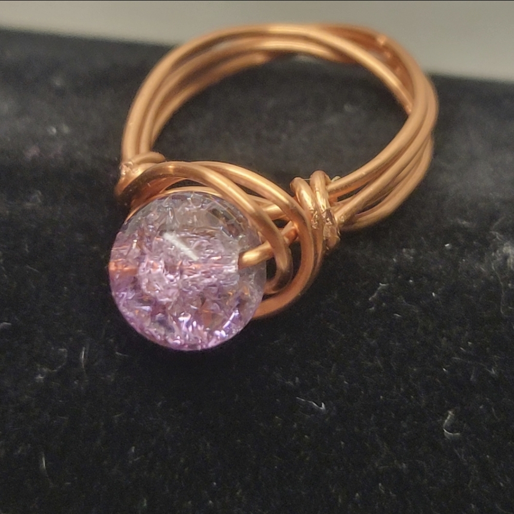 Handcrafted Copper and Pink Crackle Bead Ring